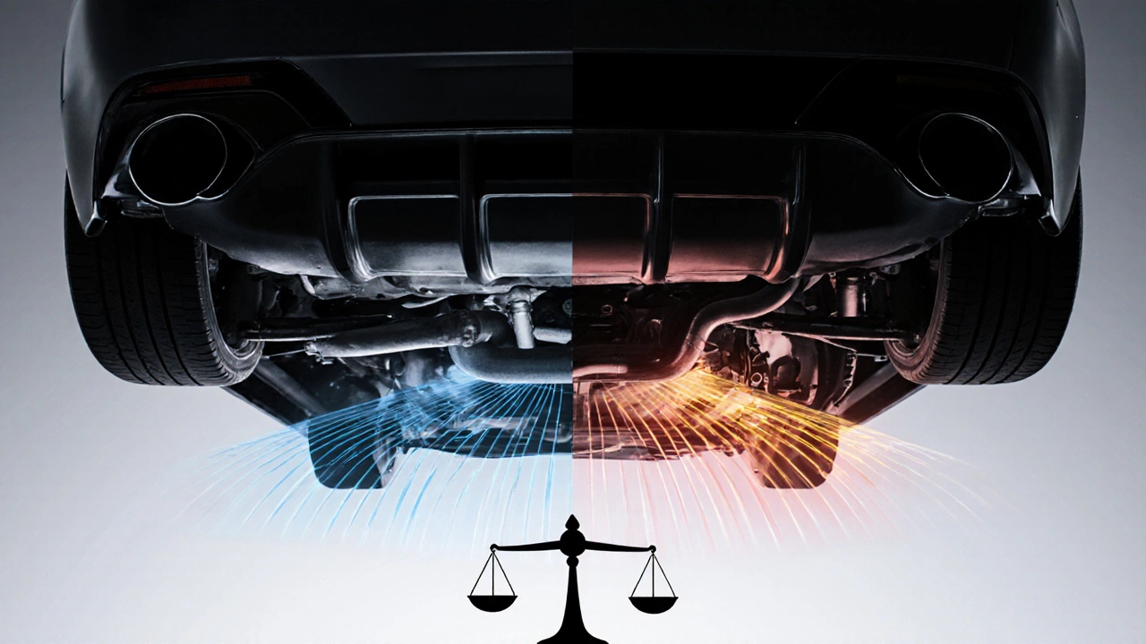 Split view of a car&#039;s undercarriage showing proper airflow versus disrupted airflow from an aftermarket diffuser.