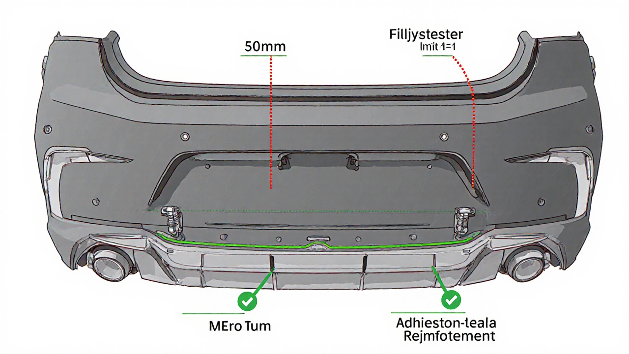 Technical cross-section of a car&#039;s rear bumper showing legal body kit installation with mounting details and 50mm extension limit.