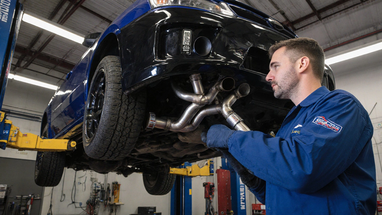 Technician installing a high-flow catalytic converter on a lifted Subaru WRX in a workshop.