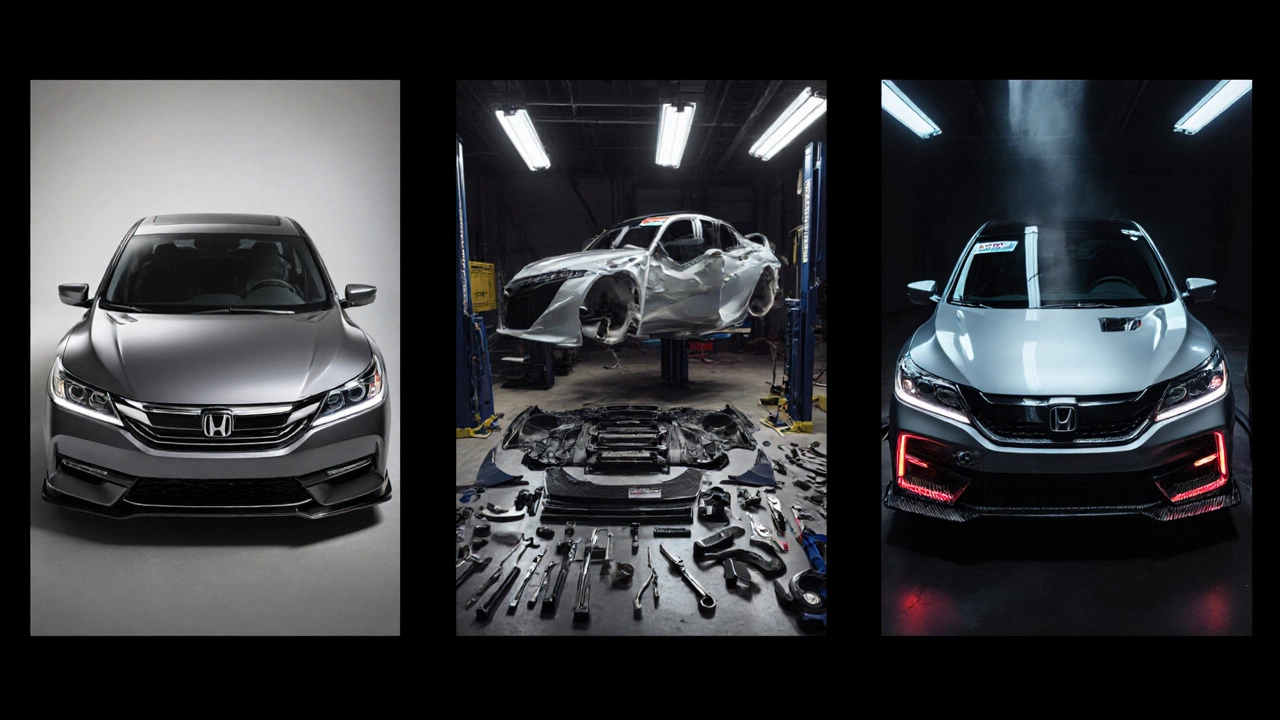 Three-panel visual showing a car&#039;s transformation from stock to modified with body kit installation in progress.