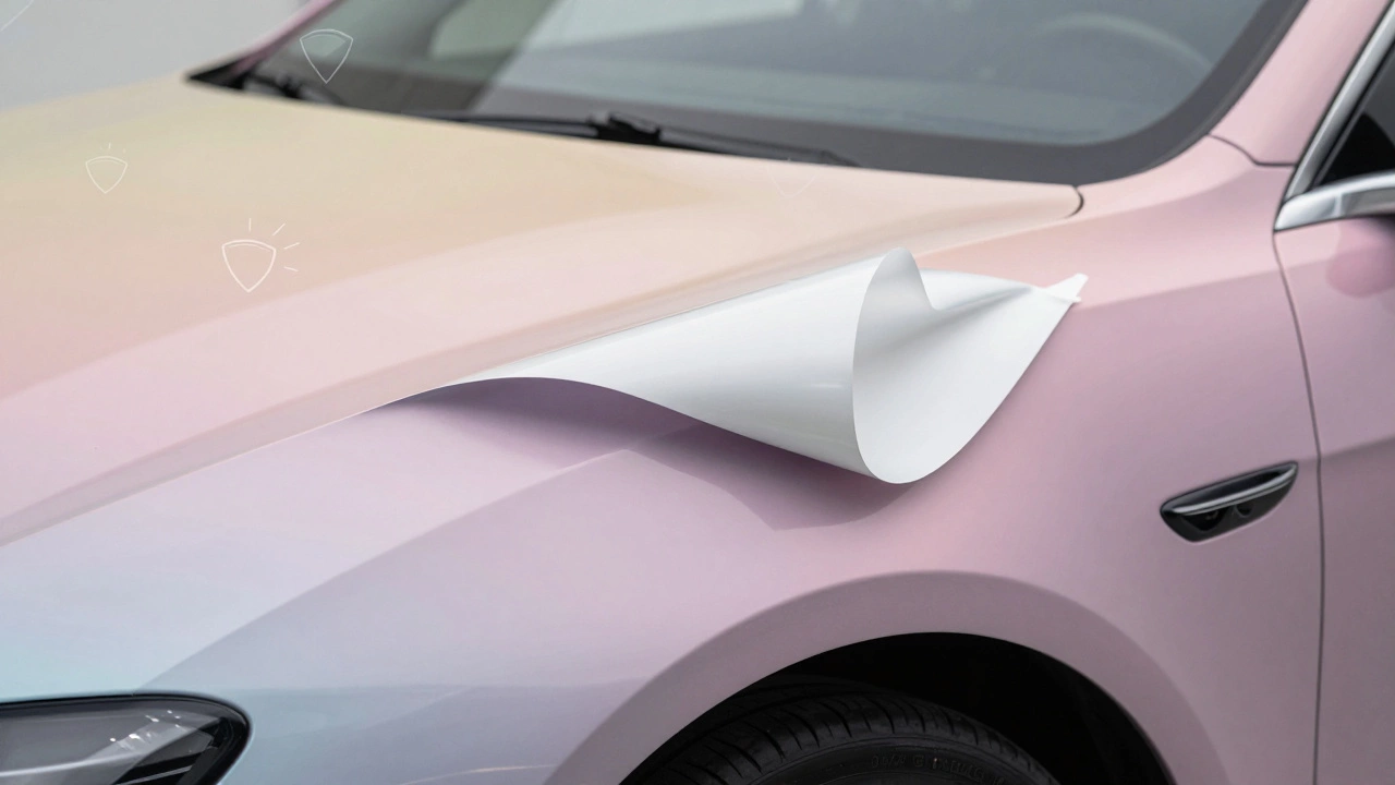 A car wrap peeling away to reveal undamaged original paint underneath, symbolizing protection and preservation.