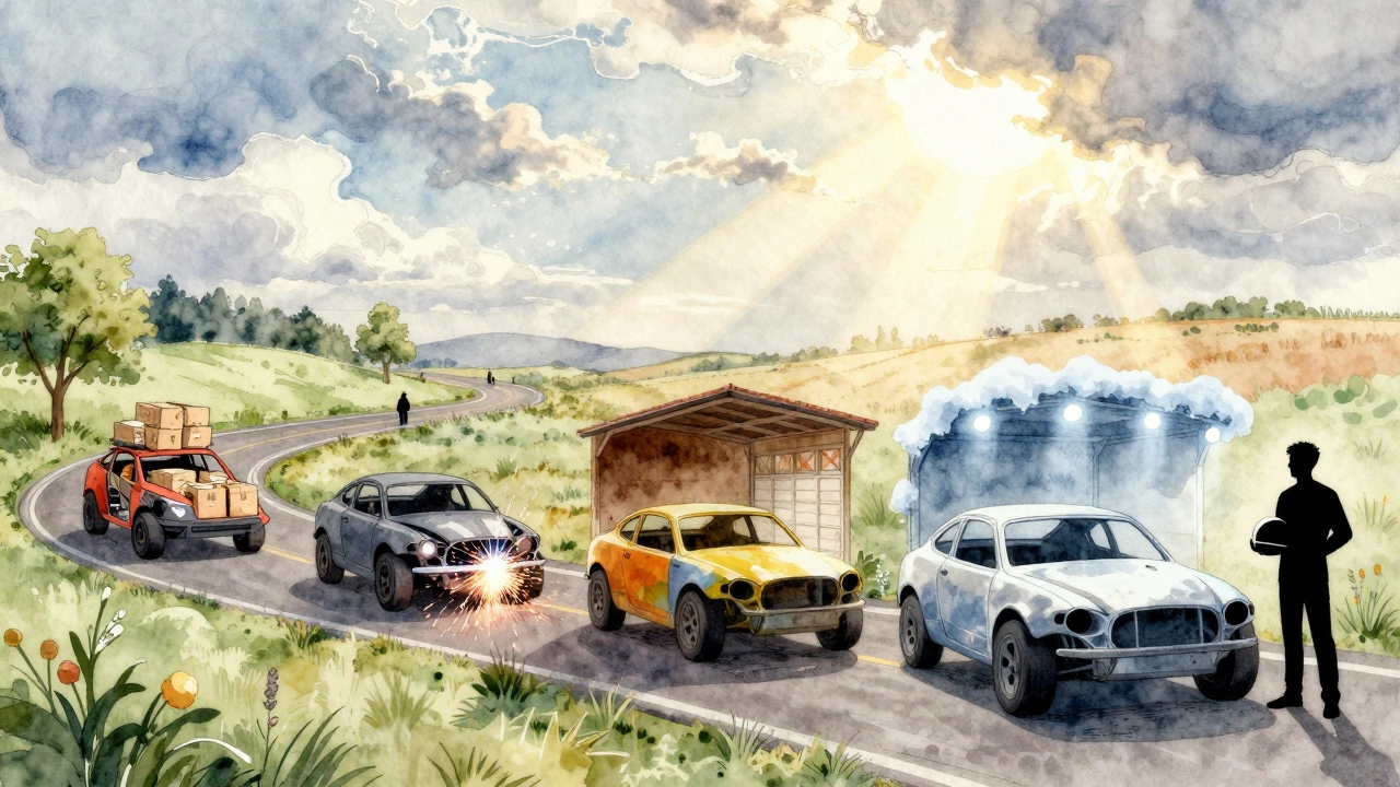 A seasonal timeline showing a kit car build from unpacking to final inspection, ending with a gleaming finished vehicle.