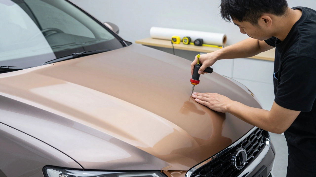 A skilled technician carefully applying high-quality vinyl wrap to a car&#039;s hood in a clean workshop.