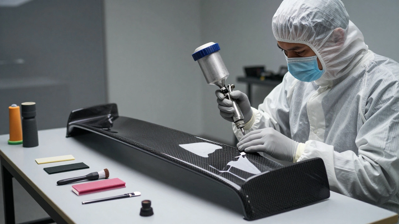 A technician applying clear coat to a carbon fiber spoiler in a clean workshop.