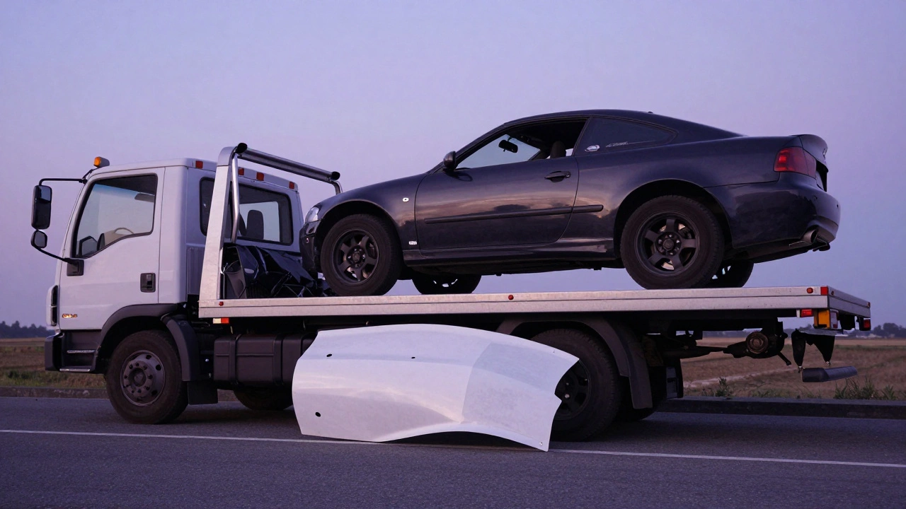 A tow truck lifting a car with bolt-on body kits onto a flatbed, while a broken panel lies on the road.