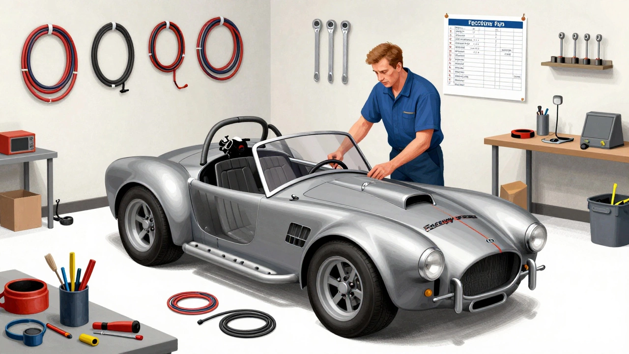 An experienced mechanic working efficiently on a Cobra kit car with organized tools and pre-wired components.