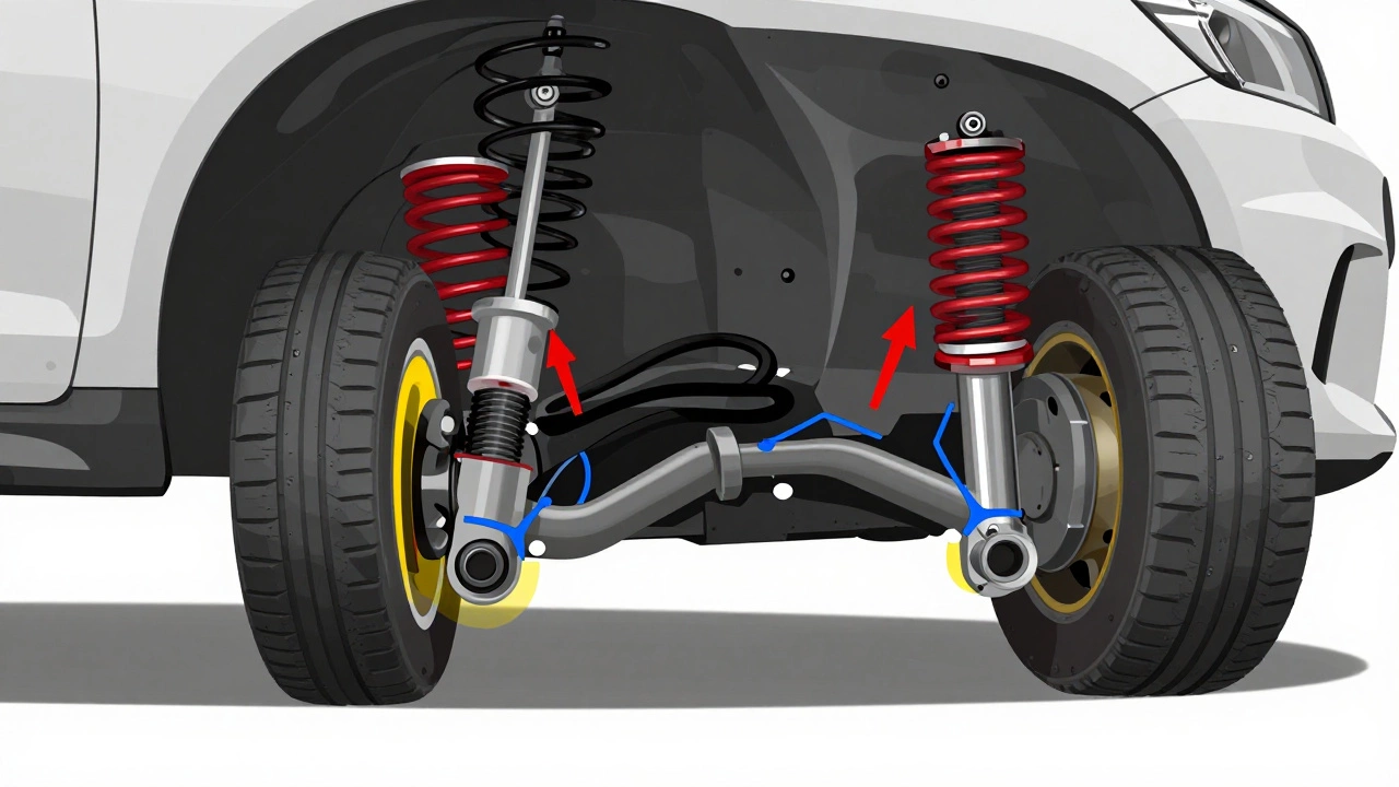 Cross-section diagram showing suspension wear and altered geometry after lowering springs.