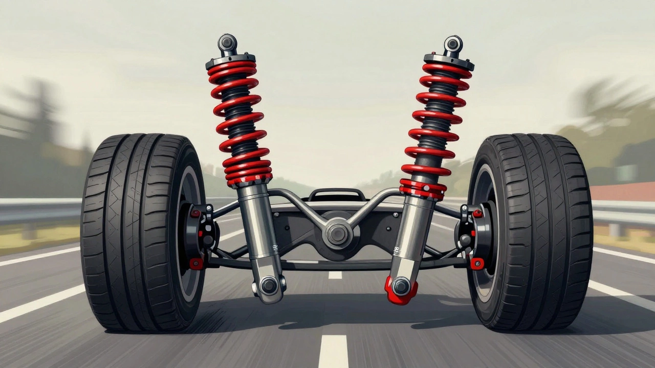Cross-section illustration comparing stock shocks and performance dampers with tires losing or maintaining contact over bumps.