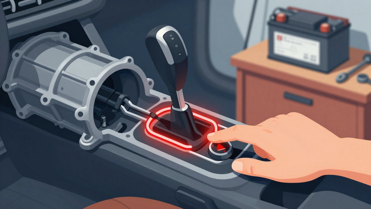 Cross-section of a car&#039;s transmission showing the shift lock mechanism being released manually.