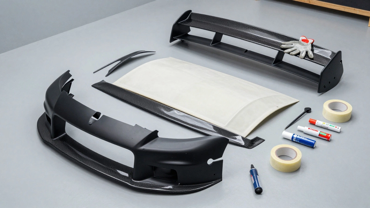 Disassembled full body kit parts on workshop bench with tools and adhesives, highlighting materials and texture.
