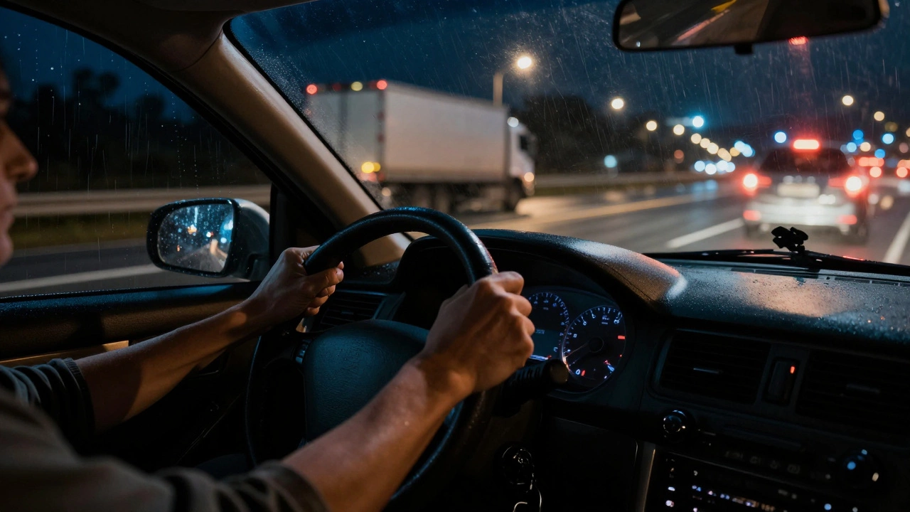 Driver’s hands gripping the wheel at night on a rainy highway, car veering slightly as front end scrapes a speed bump.