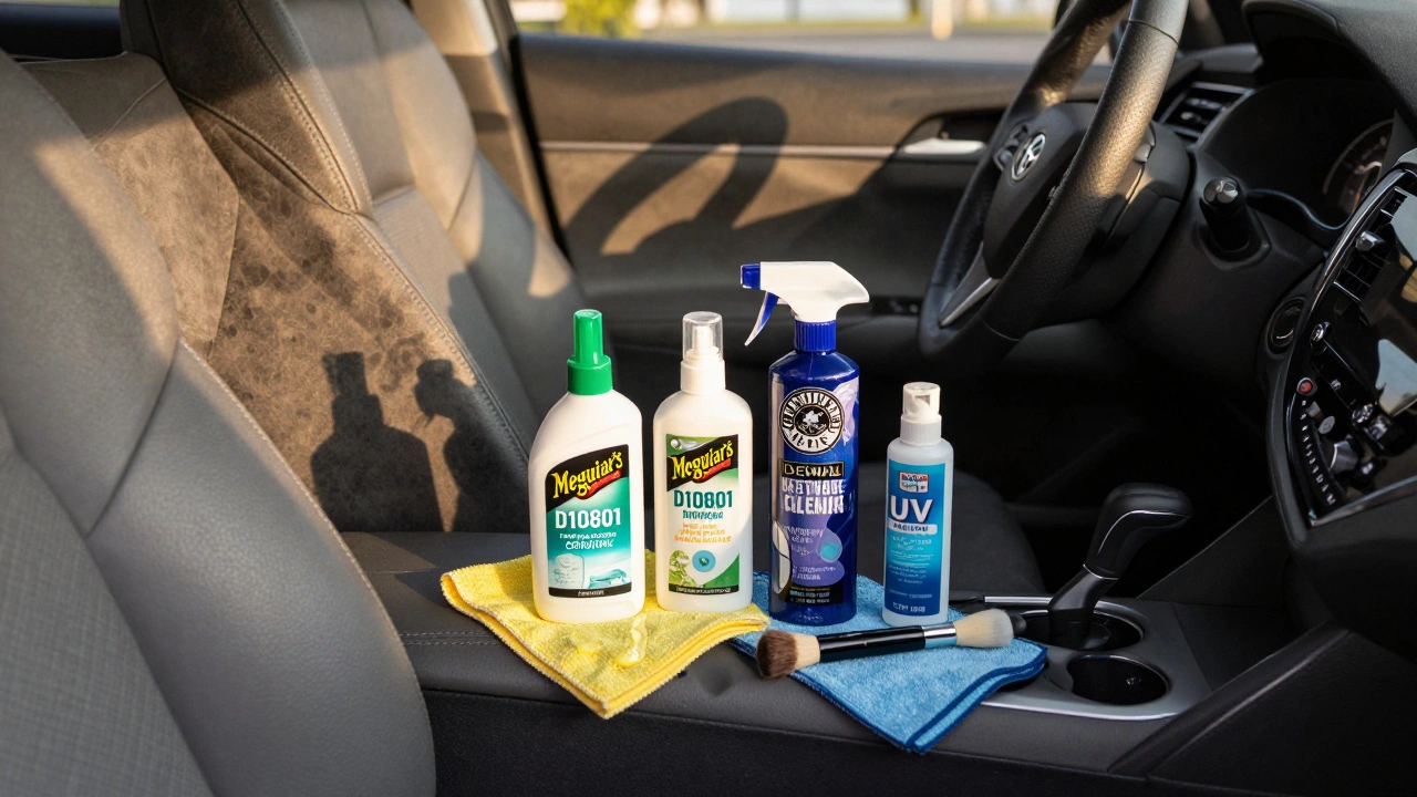 Four professional car interior cleaners placed beside their matched materials in a car console.