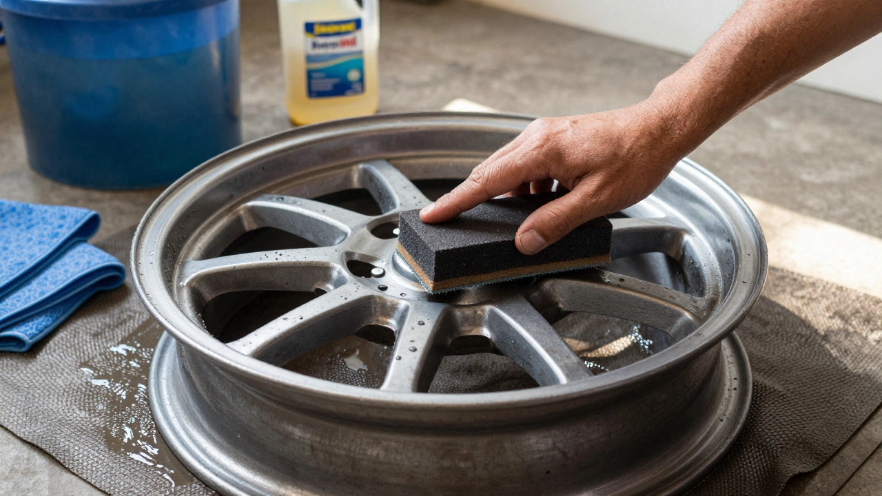 Hand sanding a corroded wheel rim with wet sandpaper in a workshop.