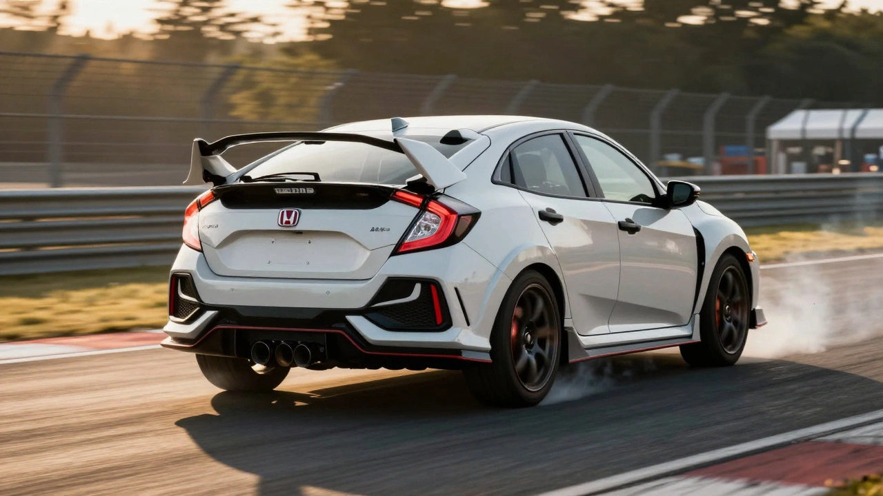 Honda Civic Type R accelerating on track with heat distortion from performance exhaust.
