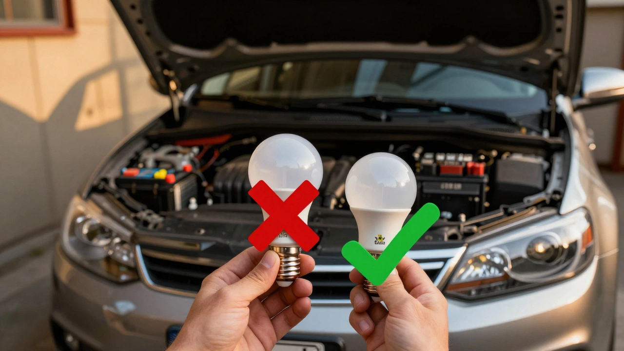 Household LED bulb with red X next to automotive LED headlight with green checkmark and car engine bay.