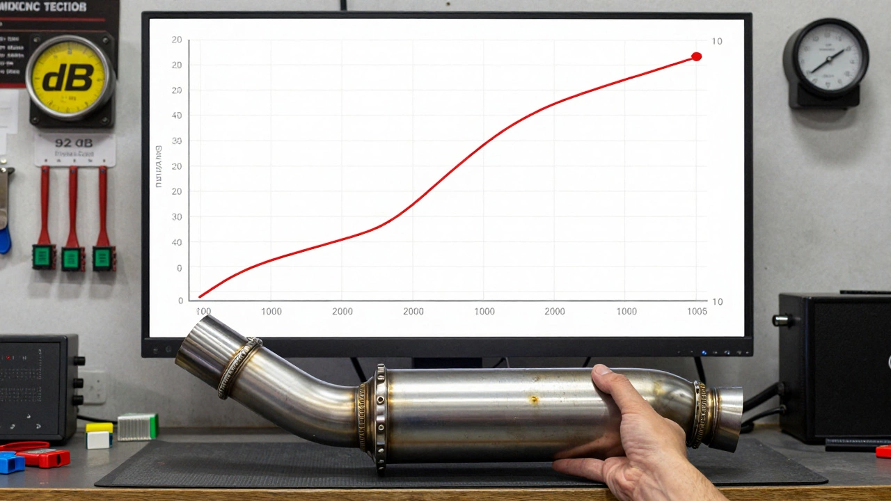 Mechanic comparing 3-inch and 2.5-inch exhaust pipes with dyno graph and noise meter in workshop.