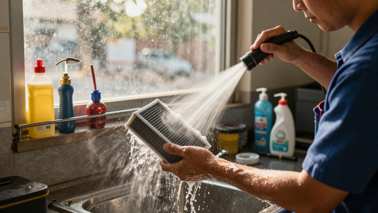 Mechanic rinsing a reusable air filter with low-pressure water in a garage.