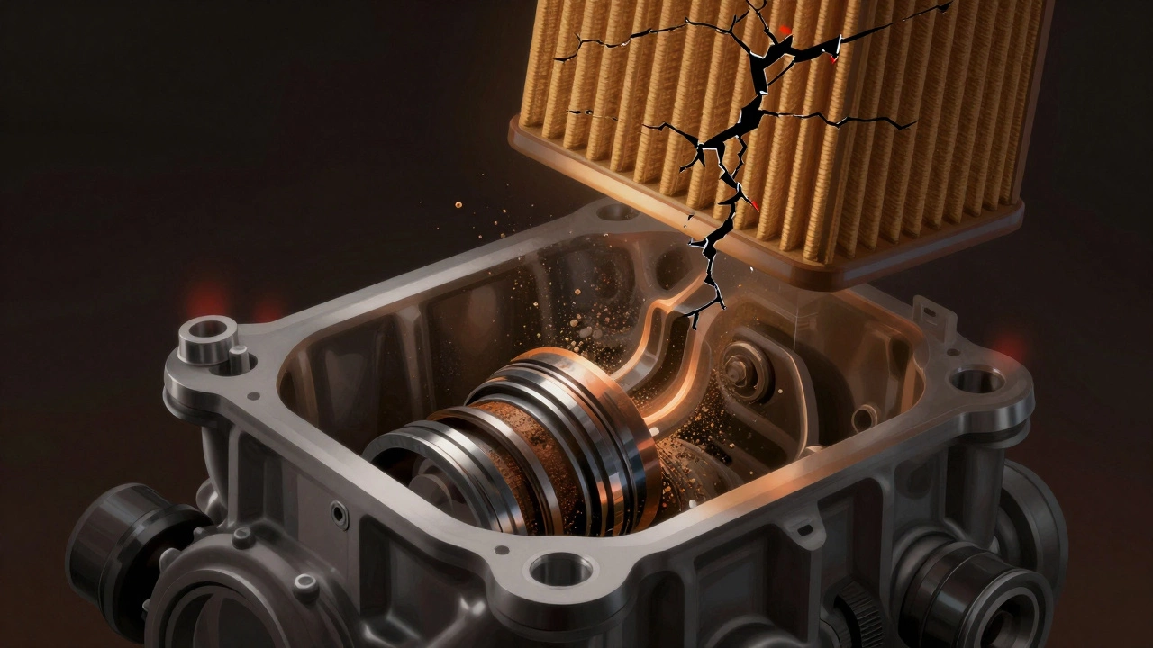 Microscopic view of engine damage from dirt entering due to a clogged air filter.