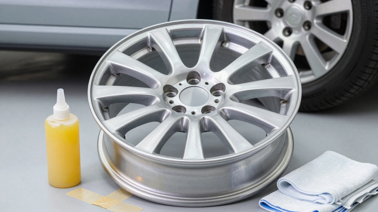 Polished aluminum wheel shining with restored finish and sealant nearby.