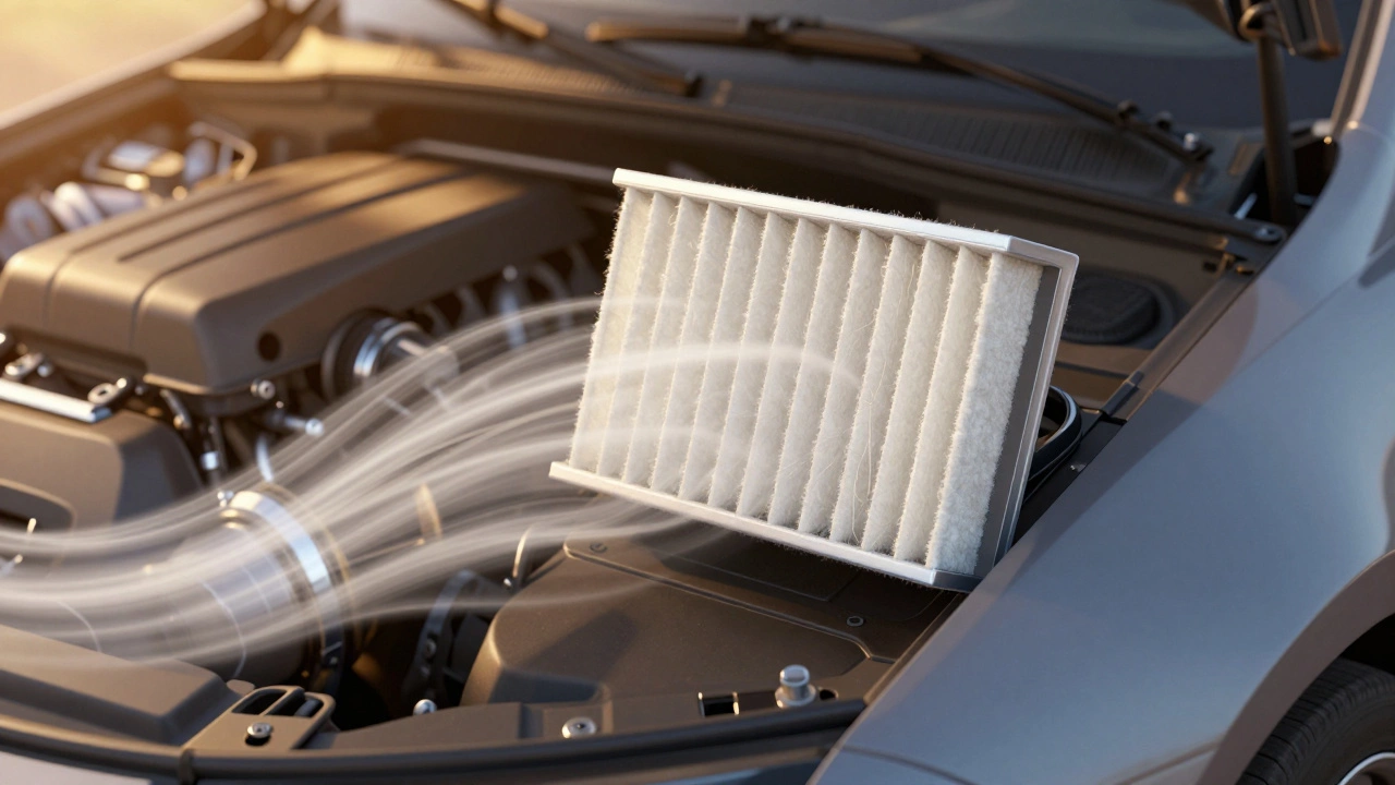 Reusable performance air filter with oiled cotton gauze drawing cool air from a fender intake.