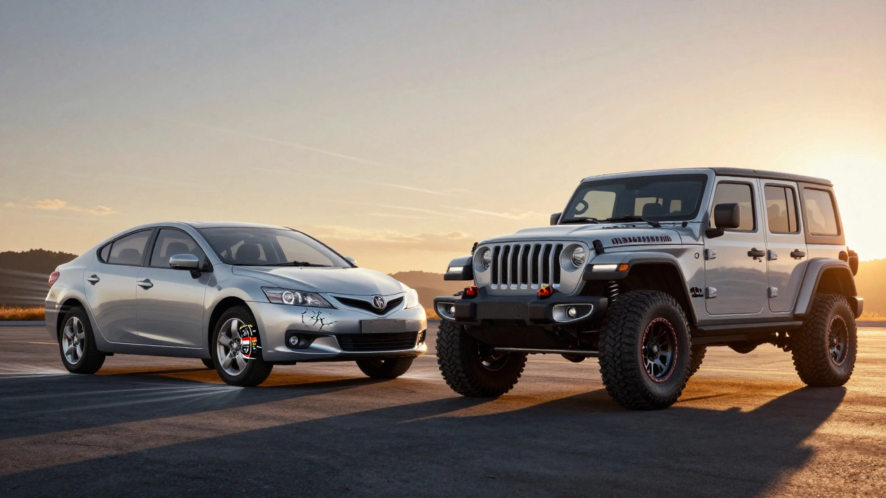 Side-by-side comparison of a sedan with thin spacers and a Jeep with thick spacers, showing stress patterns.