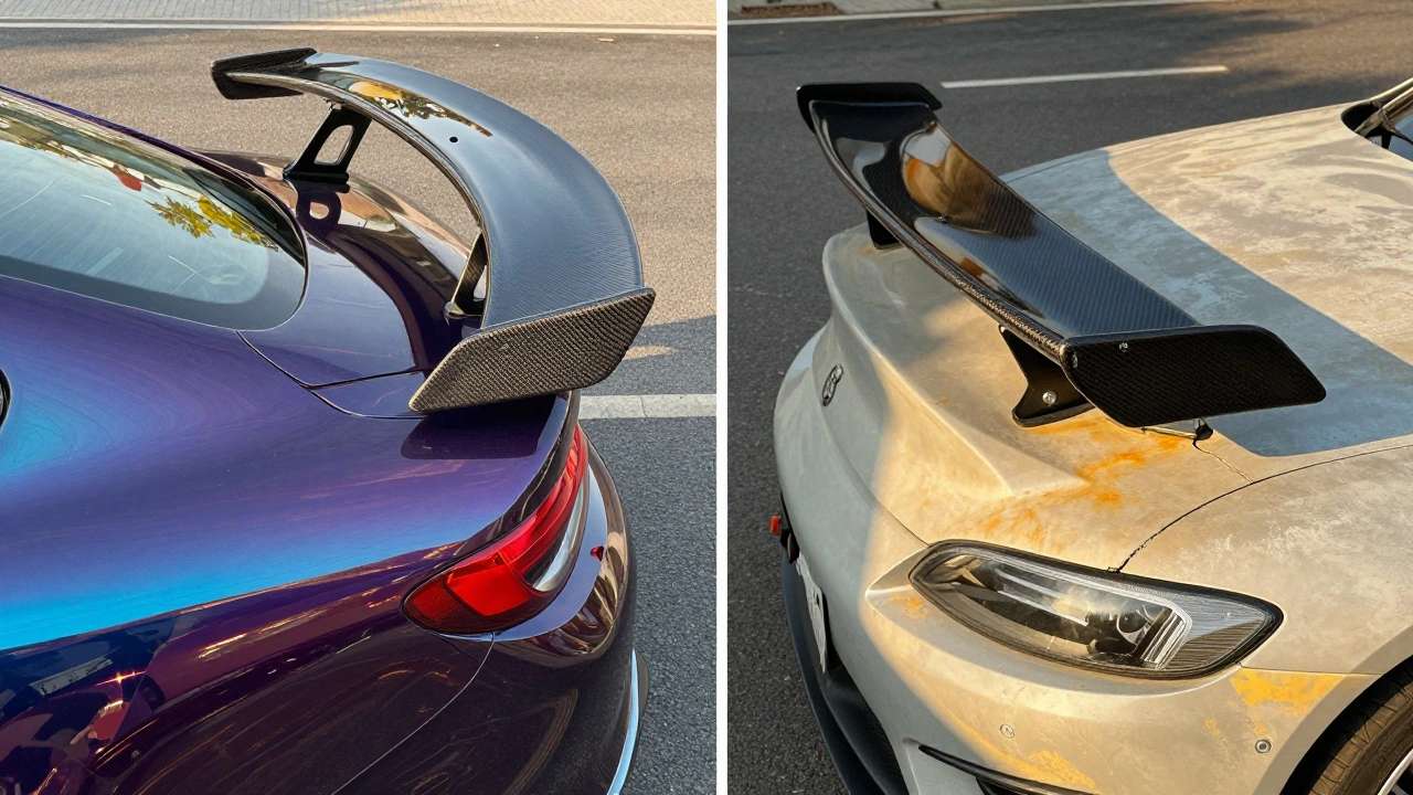 Side-by-side of a glossy clear-coated carbon fiber spoiler versus a yellowed, damaged one.