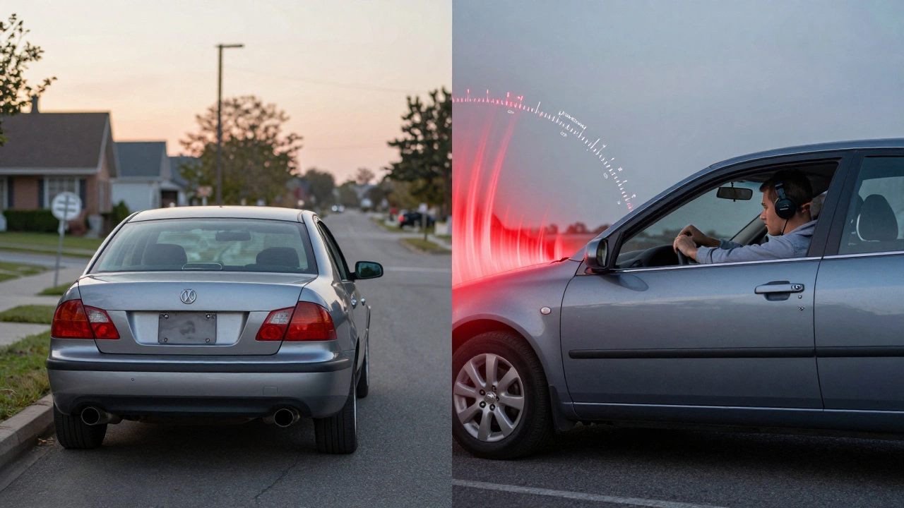 Split image: calm commuter vs. loud exhaust driver, showing performance vs. comfort trade-off.