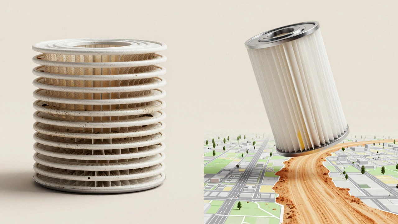 Split image comparing stacked disposable OEM filters to a single reusable performance filter.