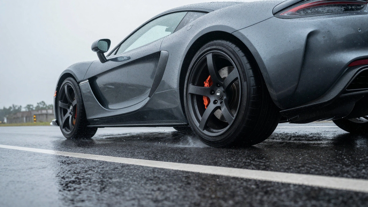 Sports car turning on a wet road, wheels protruding beyond fenders, water spraying, suspension under stress.