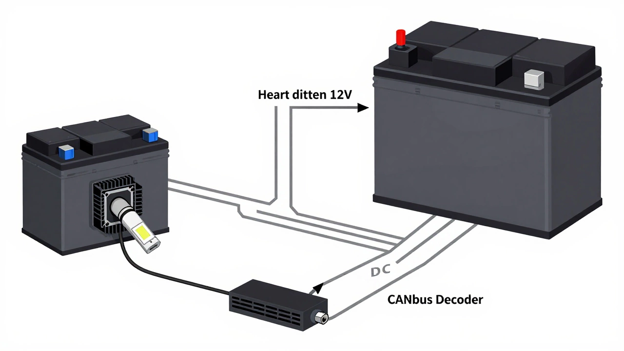 Technical diagram showing 12V power flow from battery to LED headlight with key components labeled.