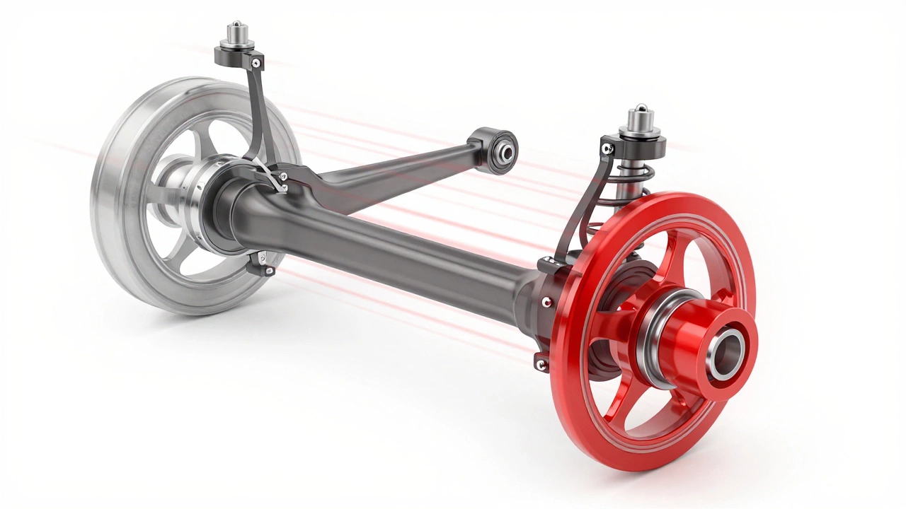Technical diagram showing exaggerated stress lines from wheel spacers on suspension components.