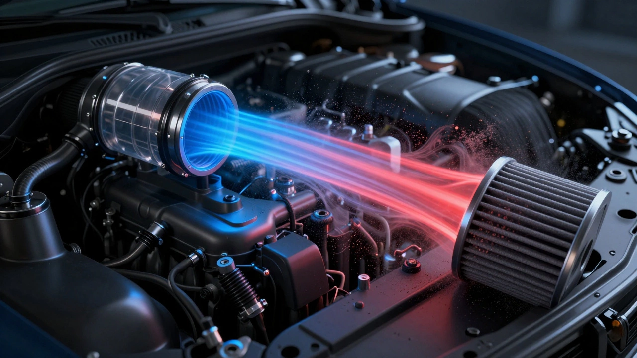 Transparent engine bay showing smooth vs restricted air flow paths through different filters.