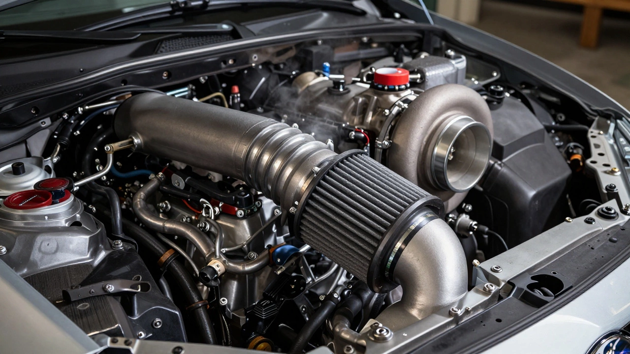 Tuned Subaru WRX with sealed cold air intake and clean performance filter in dim garage lighting.