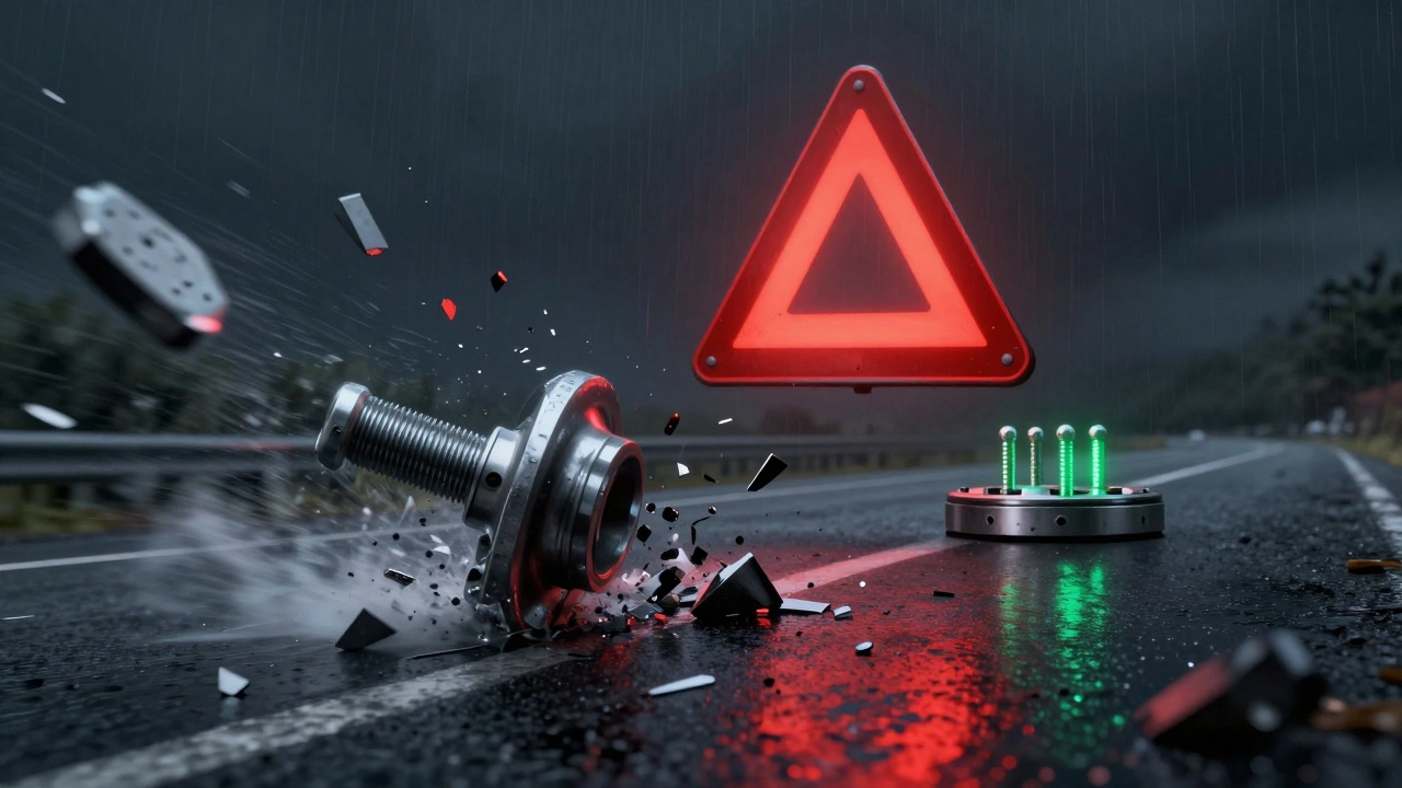 Wheel stud snapping at high speed with fragmented metal and a safety symbol glowing green.