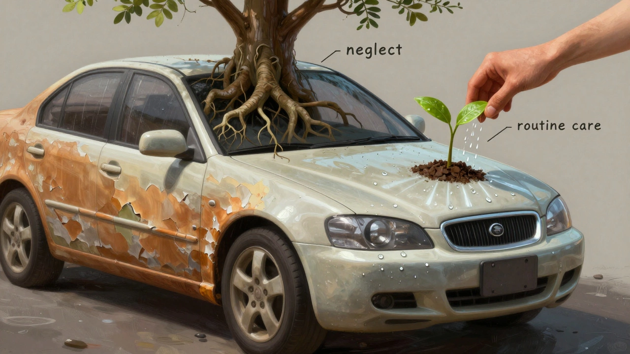 A car's paint transforming from damaged skin to protective armor, with nature symbols of neglect and care.