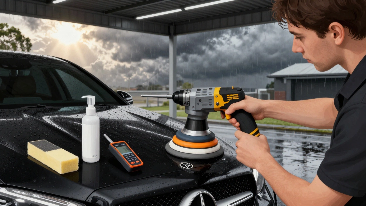 A professional detailer polishing a black car in Melbourne, tools nearby, sun breaking through storm clouds.
