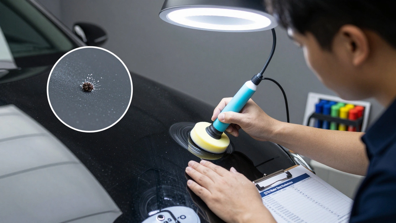 A technician applying ceramic coating to a black sedan in a professional detailing shop with organized tools.