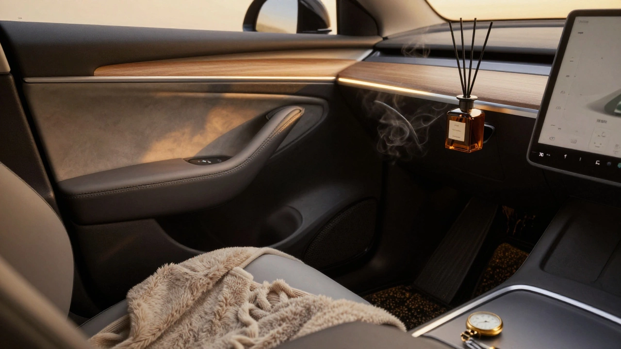 Car interior with wool throw, reed diffuser, and minimalist accessories in soft golden light.