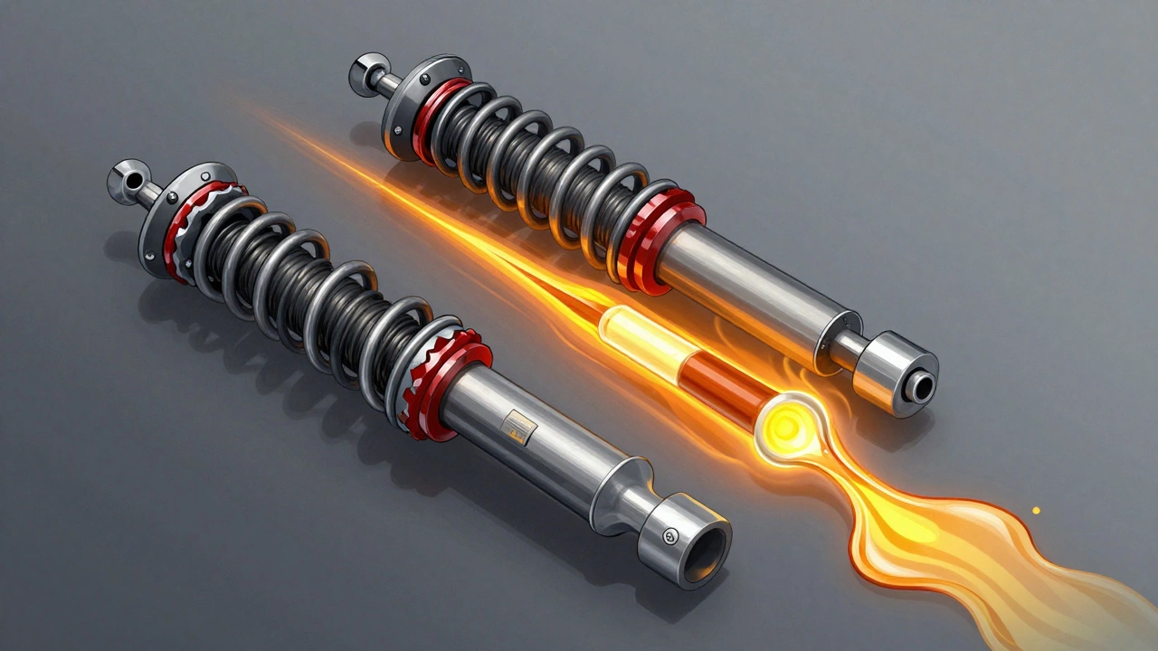 Cross-section of compressed vs. extended car shocks, illustrating overheating and fluid failure.