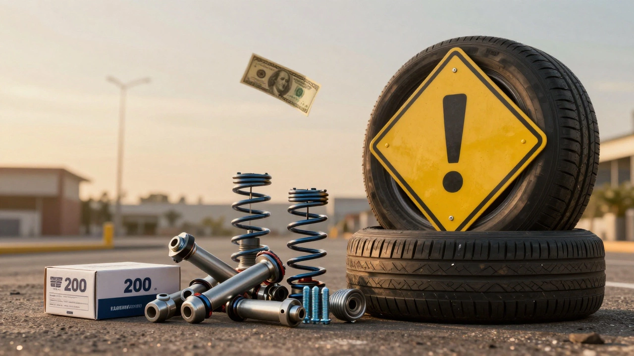 Lowering springs beside damaged car parts arranged as a warning, with a fading dollar bill.