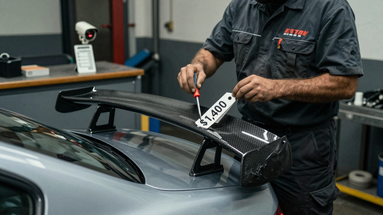 Mechanic holding a stolen carbon fiber spoiler beside a BMW with a screwdriver on a workbench.