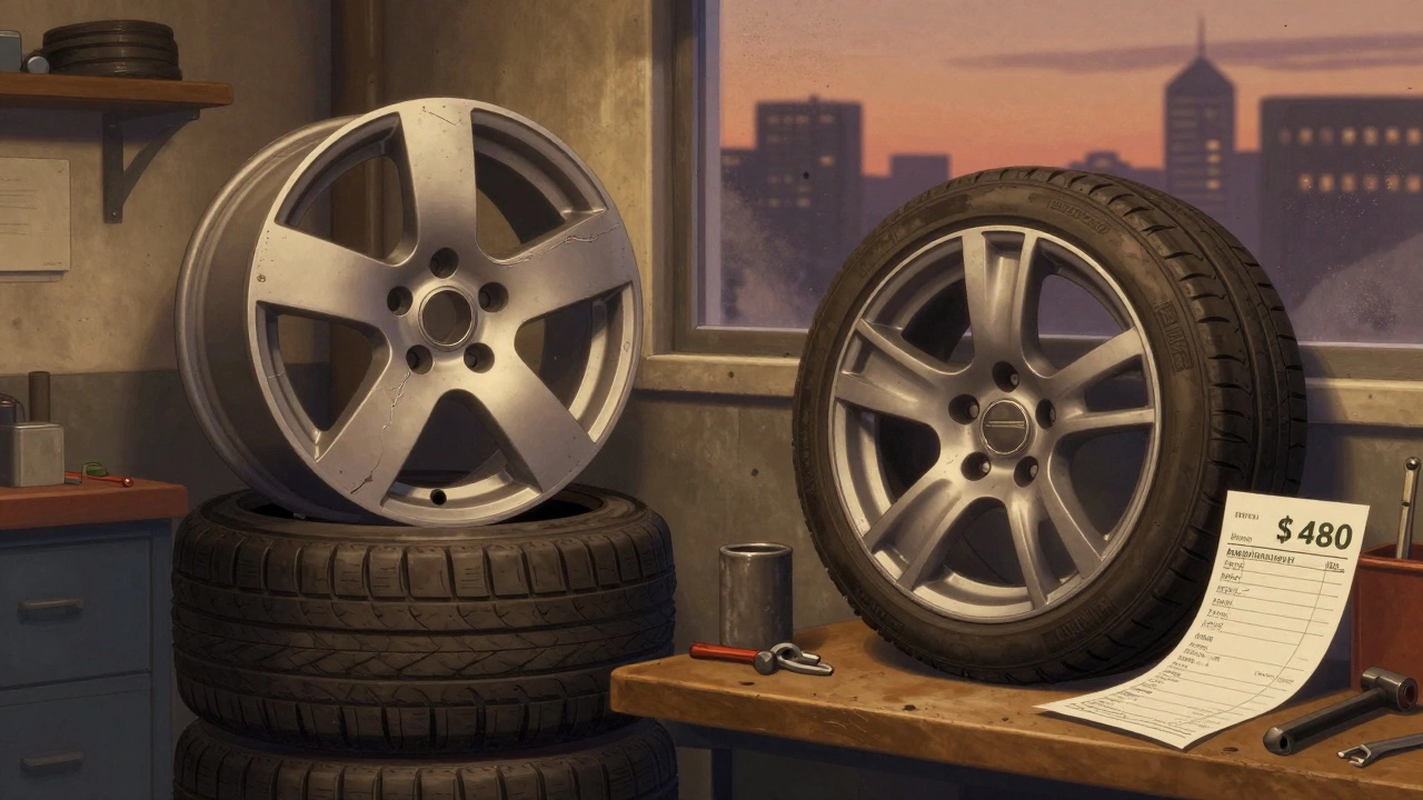 Mechanic’s workshop with cracked 20-inch wheels next to intact 18-inch wheels and a high-cost tire receipt.