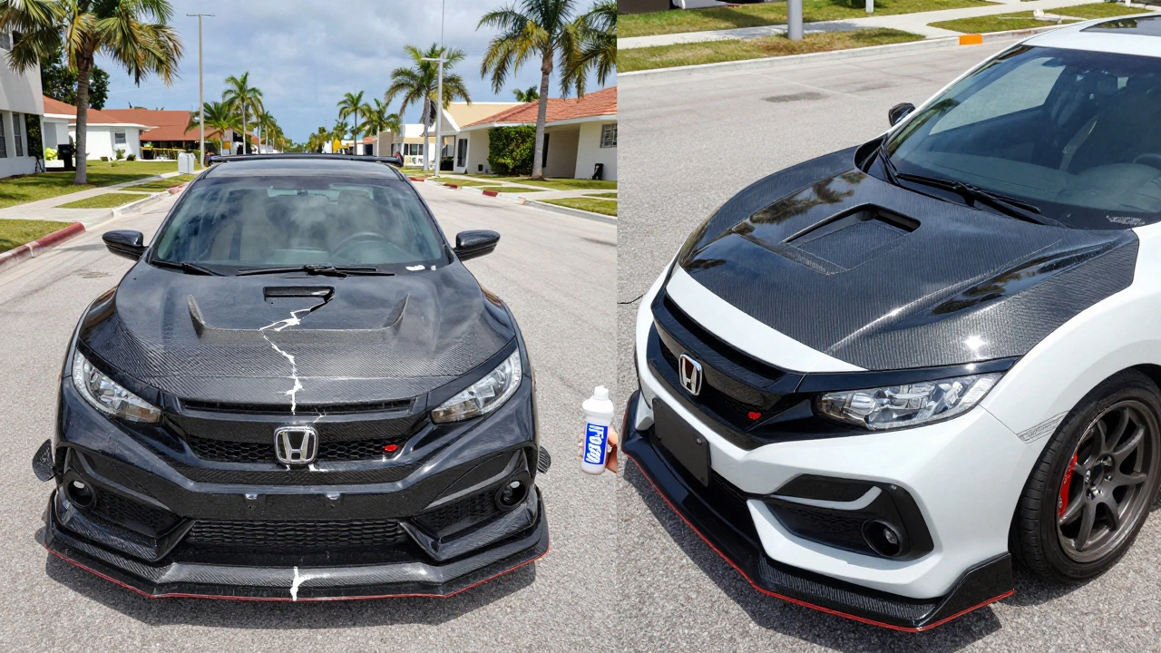 Side-by-side of faded carbon fiber spoiler versus intact painted fiberglass spoiler on a car.