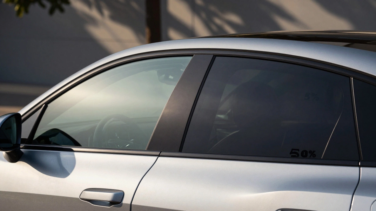 Side view of car showing gradient window tint levels from front to rear under daylight.