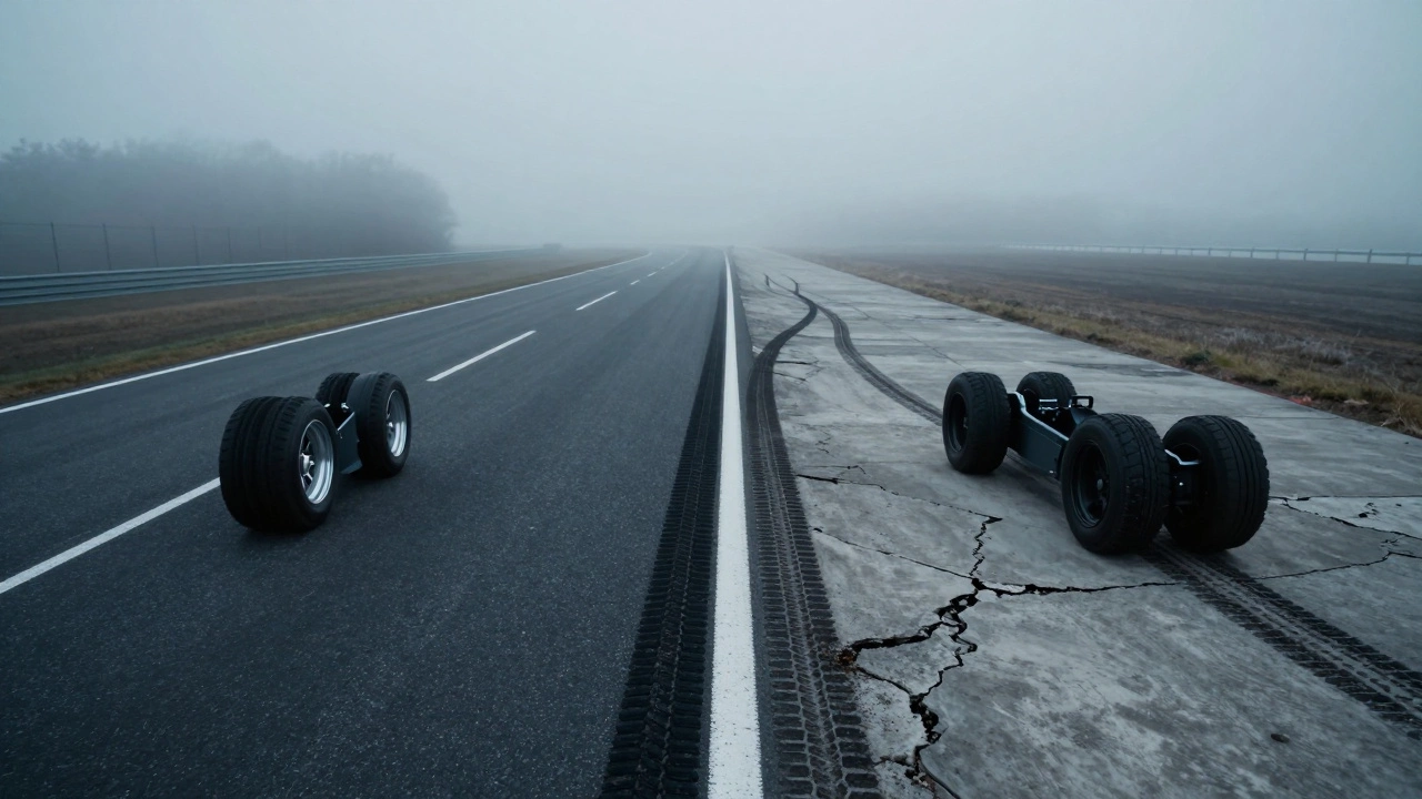 Split road path: smooth asphalt for 20-inch wheels, rough terrain for 18-inch wheels, fading into fog.