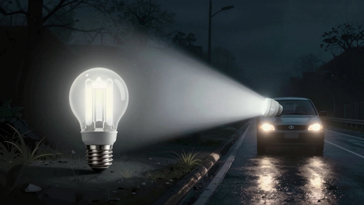 Split view: halogen light spread vs. misaligned LED beam blinding oncoming driver on a wet road.