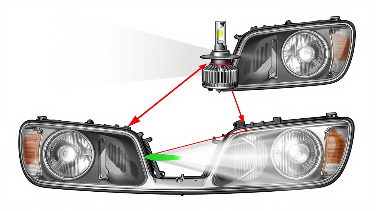 Technical cross-section of headlight housing showing misaligned vs. properly aimed LED beam paths.