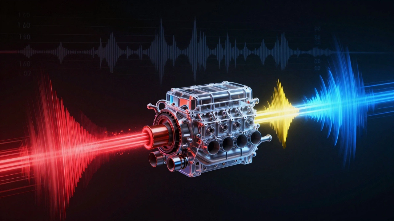 Transparent engine with colored sound waves showing drone, rasp, and exhaust flow dynamics.