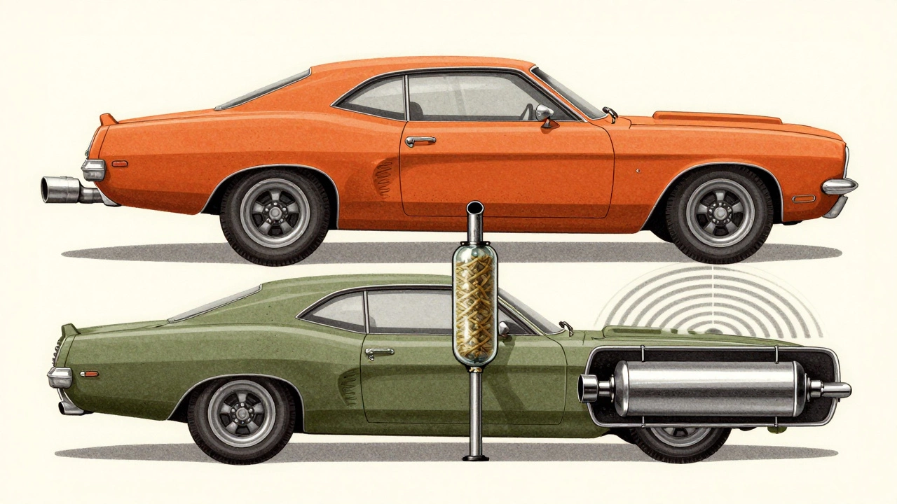 Vintage-style illustration comparing three types of car exhaust systems side by side.