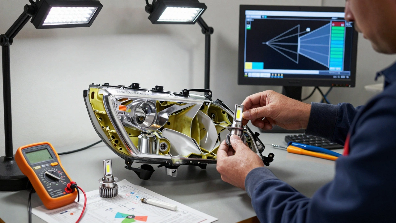 A mechanic installing a certified LED headlight assembly in a workshop, with old halogen parts discarded nearby.